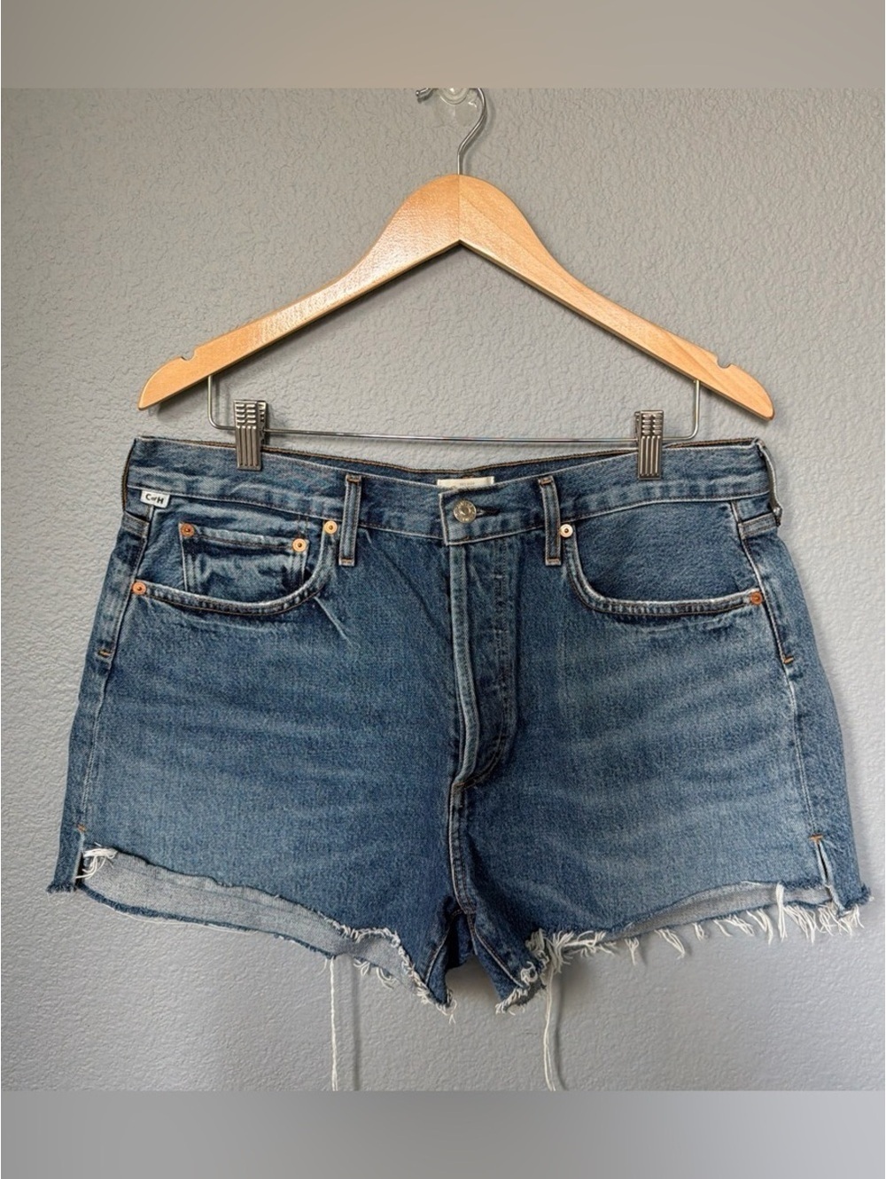 Women’s Citizens Of Humanity Distressed Mid-Blue Denim Cutoff Shorts- 32” waist